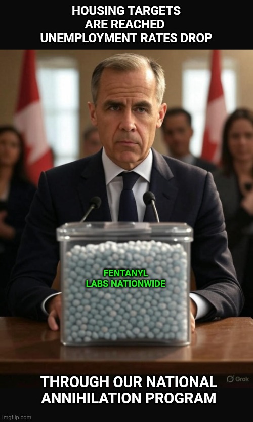 It's one way to replace the population | HOUSING TARGETS ARE REACHED  UNEMPLOYMENT RATES DROP; FENTANYL LABS NATIONWIDE; THROUGH OUR NATIONAL ANNIHILATION PROGRAM | image tagged in canada in 2025,drugs,canada | made w/ Imgflip meme maker