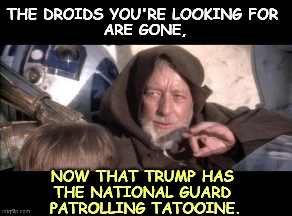 Trump's power grabs have no limits. | THE DROIDS YOU'RE LOOKING FOR 
ARE GONE, NOW THAT TRUMP HAS 
THE NATIONAL GUARD 
PATROLLING TATOOINE. | image tagged in memes,these aren't the droids you were looking for,obi-wan kenobi,trump,national guard,star wars | made w/ Imgflip meme maker