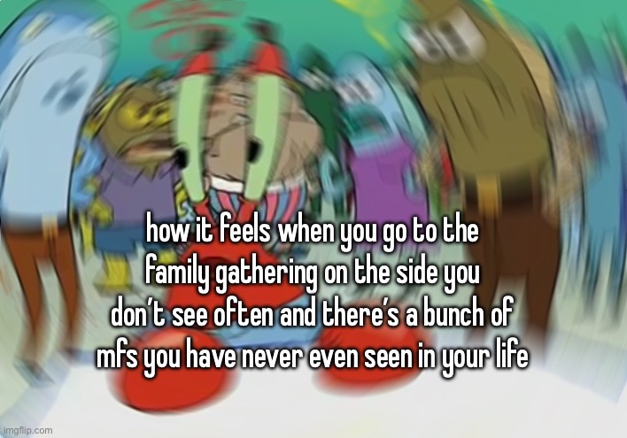 and then one of em is just like “I used to change your diapers” like idfk you | how it feels when you go to the family gathering on the side you don’t see often and there’s a bunch of mfs you have never even seen in your life | image tagged in memes,mr krabs blur meme | made w/ Imgflip meme maker