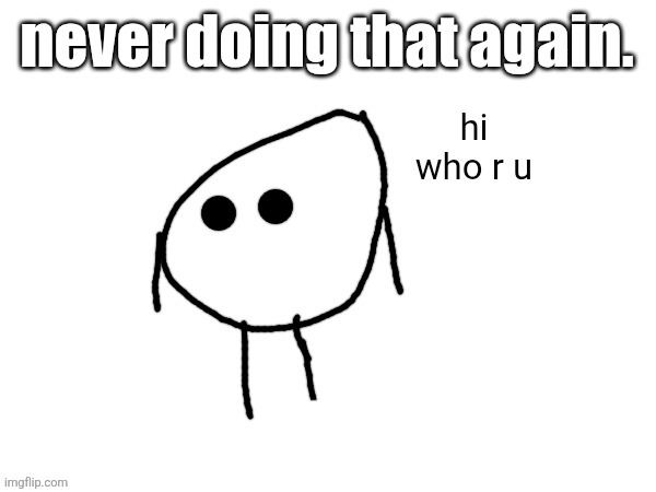 hi. who r u | never doing that again. | image tagged in hi who r u | made w/ Imgflip meme maker
