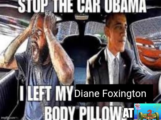 Stop the car Obama I left my body pillow | Diane Foxington; AT | image tagged in stop the car obama i left my body pillow | made w/ Imgflip meme maker