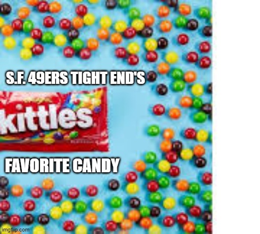 The S.F. 49ers tight ends favorite candy is "Kittles".   - humor - | S.F. 49ERS TIGHT END'S; FAVORITE CANDY | image tagged in funny,sports,football,san francisco 49ers,skittles,humor | made w/ Imgflip meme maker