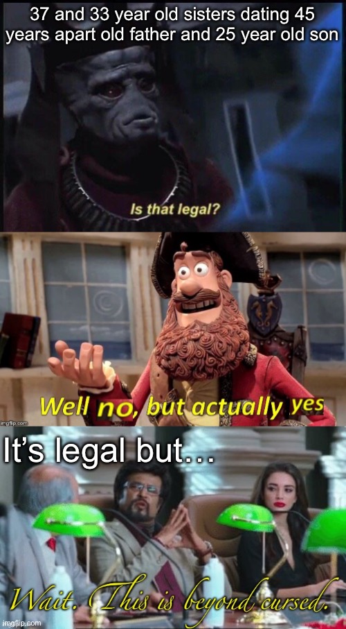 Cursed Dating | 37 and 33 year old sisters dating 45 years apart old father and 25 year old son; It’s legal but… | image tagged in is that legal,well no but actually yes,wait this is beyond cursed | made w/ Imgflip meme maker