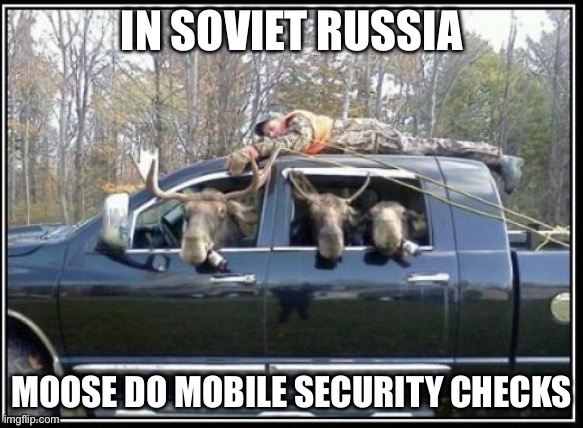Security Moose | IN SOVIET RUSSIA; MOOSE DO MOBILE SECURITY CHECKS | image tagged in in soviet russia mooses,mobile,security | made w/ Imgflip meme maker