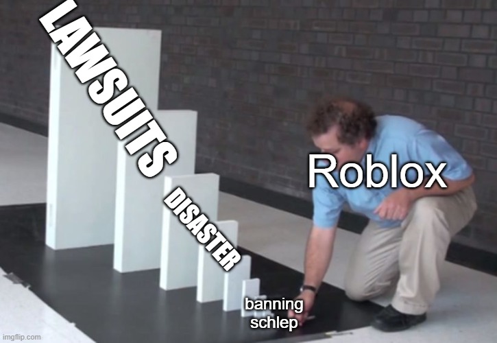 Domino Effect | LAWSUITS; Roblox; DISASTER; banning schlep | image tagged in domino effect | made w/ Imgflip meme maker