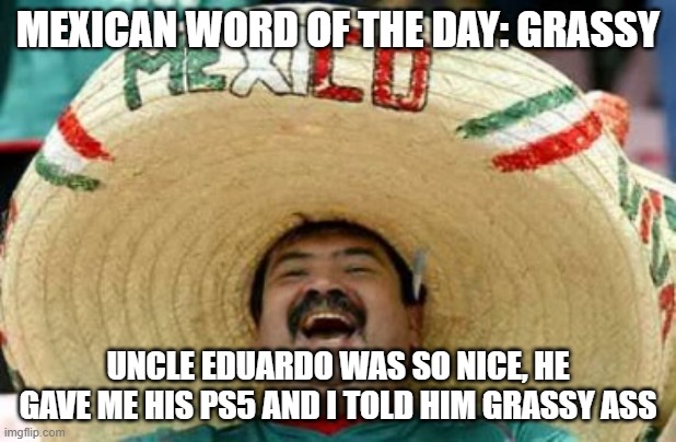 mexican word of the day | MEXICAN WORD OF THE DAY: GRASSY; UNCLE EDUARDO WAS SO NICE, HE GAVE ME HIS PS5 AND I TOLD HIM GRASSY ASS | image tagged in mexican word of the day,christmas,memes,funny,funny memes,hilarious | made w/ Imgflip meme maker