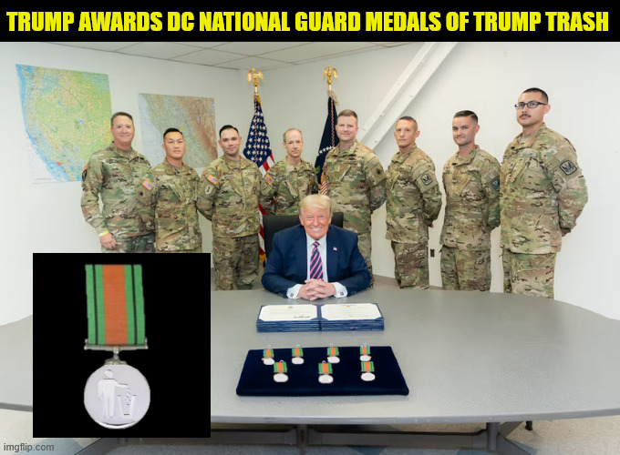 Trump Medal of Trash | TRUMP AWARDS DC NATIONAL GUARD MEDALS OF TRUMP TRASH | image tagged in trump medal of trash,police call,dc national guard,trump trash,maga miltary,maga monarchy | made w/ Imgflip meme maker