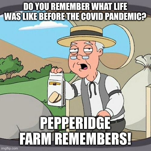 Remember the good times! | DO YOU REMEMBER WHAT LIFE WAS LIKE BEFORE THE COVID PANDEMIC? PEPPERIDGE FARM REMEMBERS! | image tagged in memes,pepperidge farm remembers,real life,memories,covid,pandemic | made w/ Imgflip meme maker