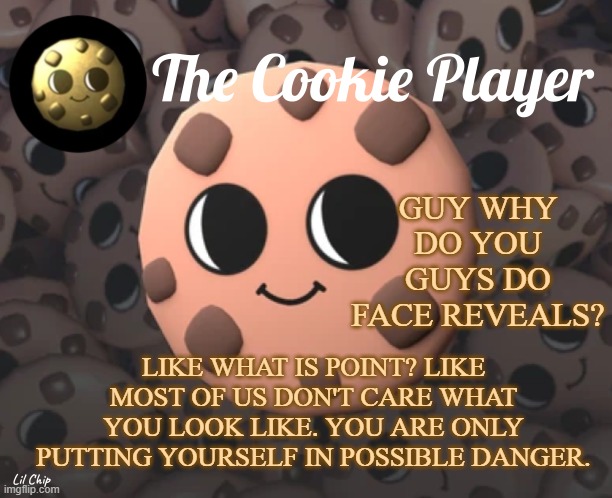 Like why? | GUY WHY DO YOU GUYS DO FACE REVEALS? LIKE WHAT IS POINT? LIKE MOST OF US DON'T CARE WHAT YOU LOOK LIKE. YOU ARE ONLY PUTTING YOURSELF IN POSSIBLE DANGER. | image tagged in the_cookie_player template | made w/ Imgflip meme maker