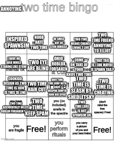 two time bingo | ANNOYING; TWO TIME FRIEND ANNOYING TO ELLIOT; NOOB HATE TWO TIME; INSPIRED SPAWNSIM; HE SMILE BUT HE STUN HIMSELF; TWO TIME MEANS CHANCE LIVING 2 LIVE; I HAVE NO IDEA WHILE STARING LIKE STONE; OHIO ROBLOX FORSAKEN; COME ON TAKE OF YOUR KNIFE TWO TIME; THAT TAIL IS I IDK MAYBE IS SPAWN TAIL? TWO EYE ARE BLIND; TWO TIME IS SLASH BY SHEDLETSKY; TWO TIME IS CHEATING; C00KIDD DESIGN AS TWO TIME IS JOIN IS THIS 1X LINE; WHY TWO TIME JUMP WITH KNIFE WEAPON JUMP IN JOHN DOE SPIKE; TWO TIME HAIR CUT; TWO TIME KEEP SPAM; TWO TIME LORE IS NOT SPAWSIM LOL; TWO TIME ACCIDENTALLY DELETE ROBLOX FORSAKEN SONG | image tagged in two time bingo | made w/ Imgflip meme maker