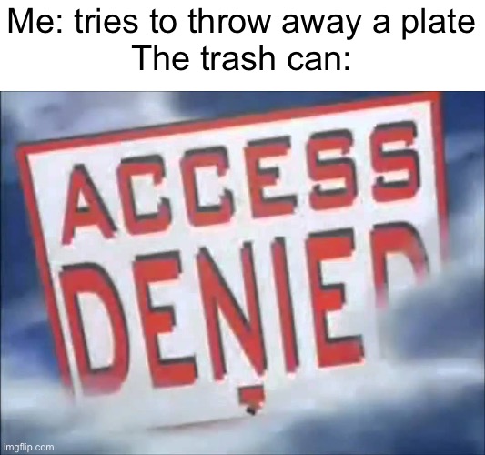 Accept my trash you stupid trash can | Me: tries to throw away a plate
The trash can: | image tagged in access denied,how about no,rejected,trash can | made w/ Imgflip meme maker