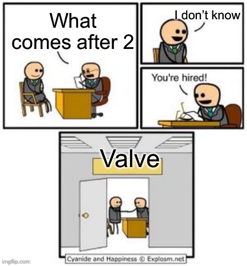 Waiting for half life 3 | I don’t know; What comes after 2; Valve | image tagged in your hired | made w/ Imgflip meme maker