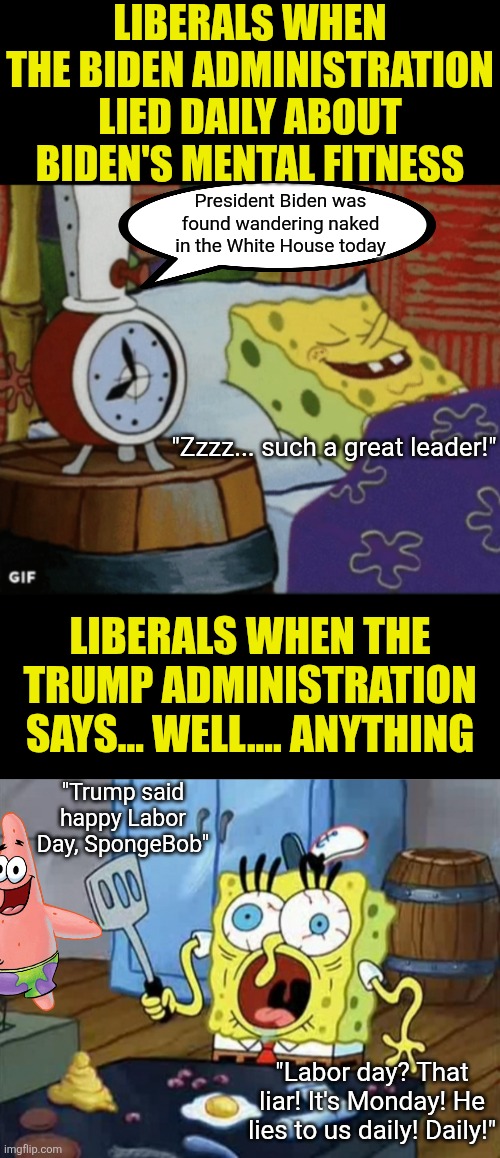 Democrats go nuts every time Trump speaks, but were apparently deaf the last 4 years, huh? | LIBERALS WHEN THE BIDEN ADMINISTRATION LIED DAILY ABOUT BIDEN'S MENTAL FITNESS; President Biden was found wandering naked in the White House today; "Zzzz... such a great leader!"; LIBERALS WHEN THE TRUMP ADMINISTRATION SAYS... WELL.... ANYTHING; "Trump said happy Labor Day, SpongeBob"; "Labor day? That liar! It's Monday! He lies to us daily! Daily!" | image tagged in democrats,liberals,hypocrisy,you can't handle the truth,reality is often dissapointing,scary facts | made w/ Imgflip meme maker