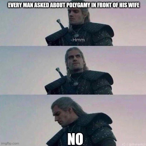 Scared..? | EVERY MAN ASKED ABOUT POLYGAMY IN FRONT OF HIS WIFE; NO | image tagged in witcher hmm,memes,polygamy,marriage,geralt,wife | made w/ Imgflip meme maker