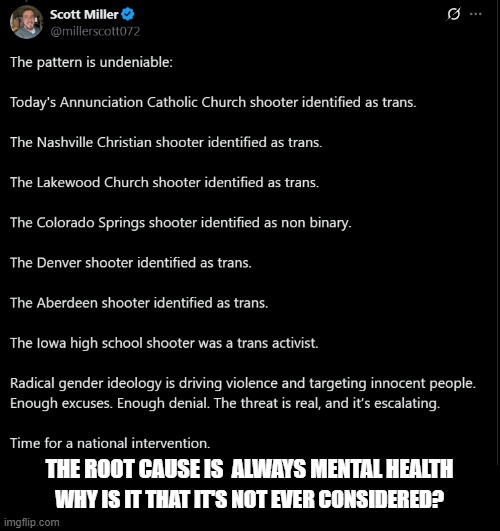 Can we finally get to the real issue of such violence?@ | THE ROOT CAUSE IS  ALWAYS MENTAL HEALTH; WHY IS IT THAT IT'S NOT EVER CONSIDERED? | image tagged in mass shootings,transgender,christian prosecution,gun control,2a | made w/ Imgflip meme maker