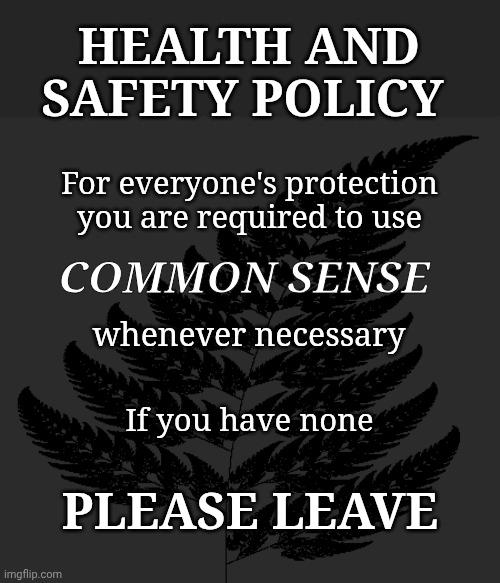 H&S Policy | HEALTH AND SAFETY POLICY; For everyone's protection you are required to use; COMMON SENSE; whenever necessary; If you have none; PLEASE LEAVE | image tagged in b w fern silhouette | made w/ Imgflip meme maker