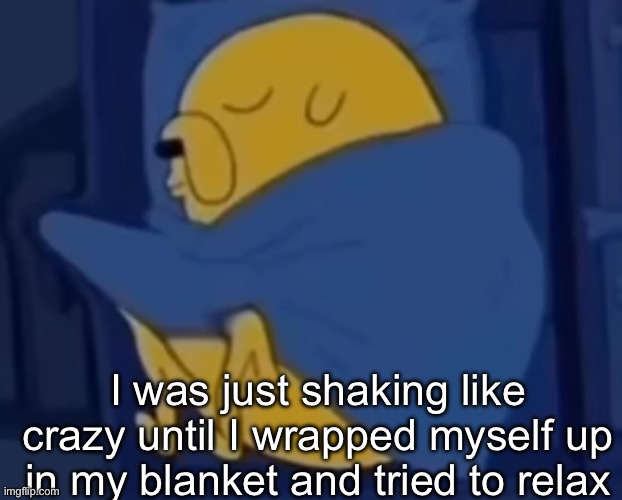 Shaking so genuinely hard | I was just shaking like crazy until I wrapped myself up in my blanket and tried to relax | image tagged in im jaking it | made w/ Imgflip meme maker