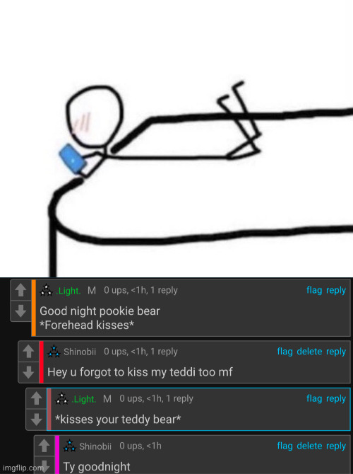 I'm having a good night | image tagged in blushing kicking feet,goodnight,denji,light | made w/ Imgflip meme maker