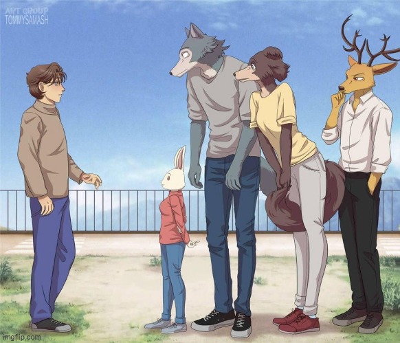 (art credit: TommySamash) | image tagged in beastars,crossover,human,anime,fanart,wholesome i guess | made w/ Imgflip meme maker