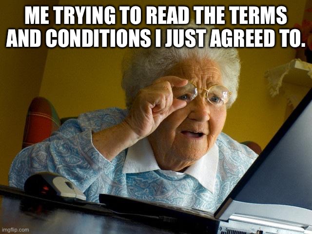 Terms and conditions | ME TRYING TO READ THE TERMS AND CONDITIONS I JUST AGREED TO. | image tagged in memes,grandma finds the internet | made w/ Imgflip meme maker