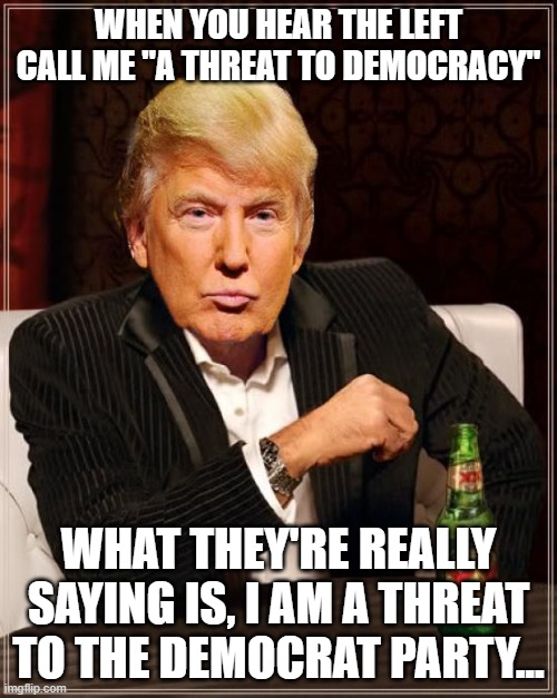 trump threat to democracy | WHEN YOU HEAR THE LEFT CALL ME "A THREAT TO DEMOCRACY"; WHAT THEY'RE REALLY SAYING IS, I AM A THREAT TO THE DEMOCRAT PARTY... | image tagged in trump most interesting man in the world | made w/ Imgflip meme maker