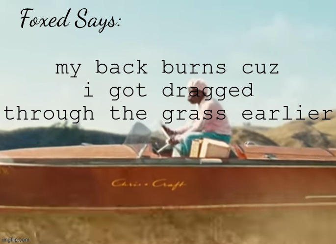 Foxed CMIYGL temp | my back burns cuz i got dragged through the grass earlier | image tagged in foxed cmiygl temp | made w/ Imgflip meme maker