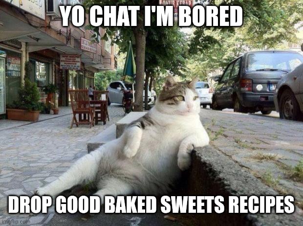 I have a sweet tooth fr | YO CHAT I'M BORED; DROP GOOD BAKED SWEETS RECIPES | image tagged in cat relax | made w/ Imgflip meme maker