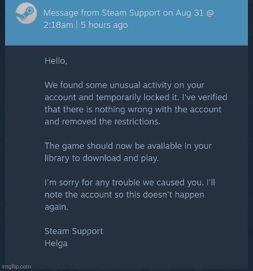 Mail I got some hours after getting unbanned from steam | made w/ Imgflip meme maker