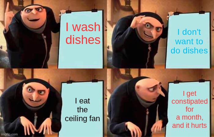 Gru's Plan Meme | I wash dishes; I don't want to do dishes; I eat the ceiling fan; I get constipated for a month, and it hurts | image tagged in memes,gru's plan | made w/ Imgflip meme maker