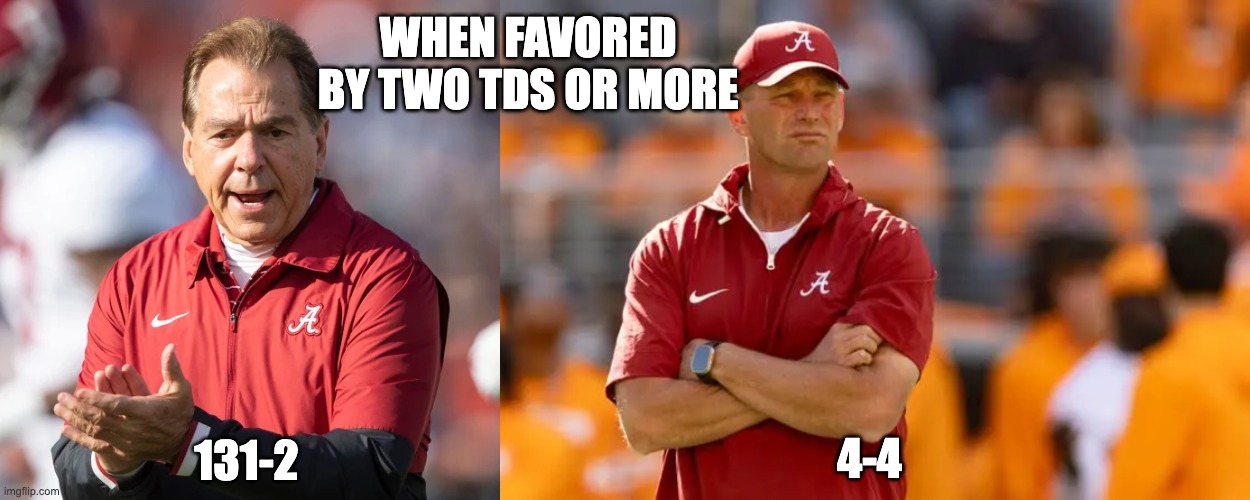 WHEN FAVORED BY TWO TDS OR MORE; 131-2; 4-4 | image tagged in alabama football | made w/ Imgflip meme maker