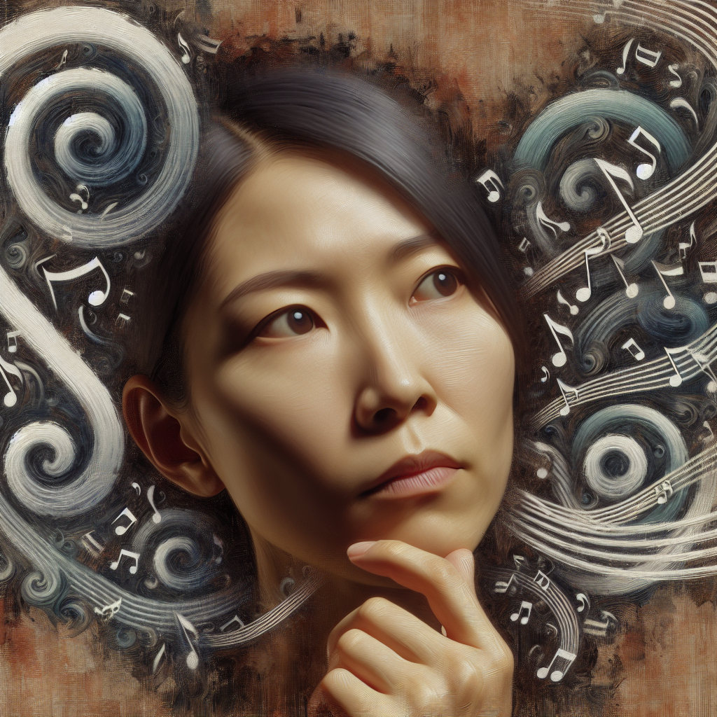 Female with a quizzical pondering expression, surrounded by musi Blank Meme Template