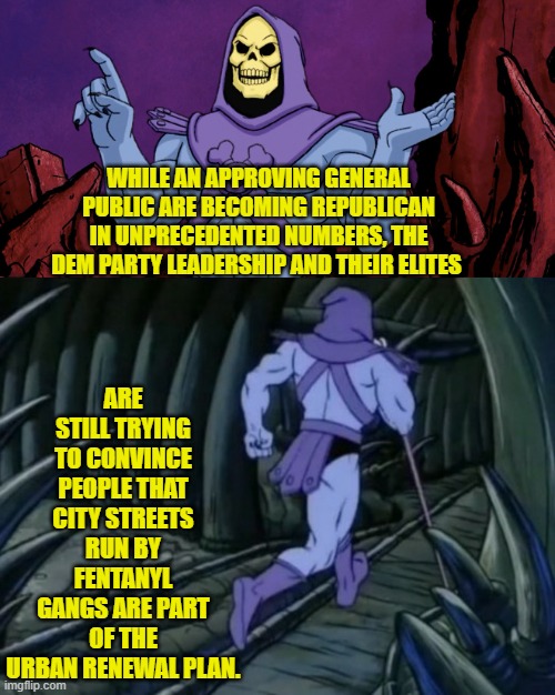 And the Dem's leadership STILL cannot figure out WHY voters are rejecting them. | ARE STILL TRYING TO CONVINCE PEOPLE THAT CITY STREETS RUN BY FENTANYL GANGS ARE PART OF THE URBAN RENEWAL PLAN. WHILE AN APPROVING GENERAL PUBLIC ARE BECOMING REPUBLICAN IN UNPRECEDENTED NUMBERS, THE DEM PARTY LEADERSHIP AND THEIR ELITES | image tagged in skeletor until we meet again | made w/ Imgflip meme maker