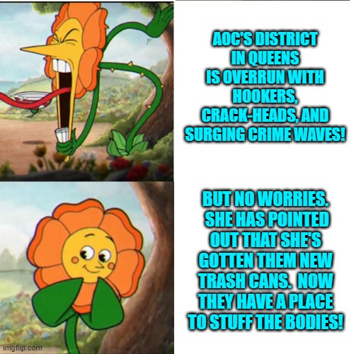 Thus radical leftist politicians 'improve' the lives of their constituents. | AOC'S DISTRICT IN QUEENS IS OVERRUN WITH HOOKERS, CRACK-HEADS, AND SURGING CRIME WAVES! BUT NO WORRIES.  SHE HAS POINTED OUT THAT SHE'S GOTTEN THEM NEW TRASH CANS.  NOW THEY HAVE A PLACE TO STUFF THE BODIES! | image tagged in cuphead flower | made w/ Imgflip meme maker