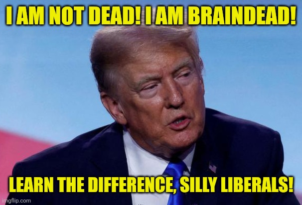 I AM NOT DEAD! I AM BRAINDEAD! LEARN THE DIFFERENCE, SILLY LIBERALS! | image tagged in memes,trump,death | made w/ Imgflip meme maker