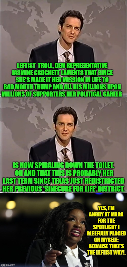 Well Jasmine you could always become a wealthy lobbyist. If not for burning all your bridges. | LEFTIST  TROLL, DEM REPRESENTATIVE JASMINE CROCKETT LAMENTS THAT SINCE SHE'S MADE IT HER MISSION IN LIFE TO BAD MOUTH TRUMP AND ALL HIS MILLIONS UPON MILLIONS OF SUPPORTERS HER POLITICAL CAREER; IS NOW SPIRALING DOWN THE TOILET.  OH AND THAT THIS IS PROBABLY HER LAST TERM SINCE TEXAS JUST REDISTRICTED HER PREVIOUS 'SINECURE FOR LIFE' DISTRICT. YES, I'M ANGRY AT MAGA FOR THE SPOTLIGHT I GLEEFULLY PLACED ON MYSELF; BECAUSE THAT'S THE LEFTIST WAY!. | image tagged in weekend update with norm | made w/ Imgflip meme maker