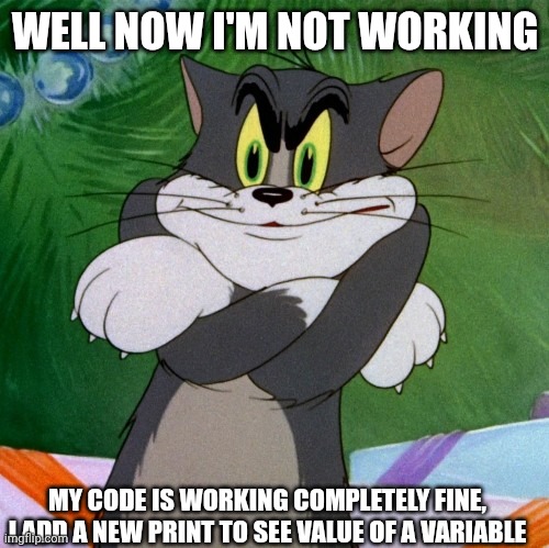 This is how you know you messed up | WELL NOW I'M NOT WORKING; MY CODE IS WORKING COMPLETELY FINE, I ADD A NEW PRINT TO SEE VALUE OF A VARIABLE | image tagged in angry tom,programming,funny,memes,fun,code | made w/ Imgflip meme maker