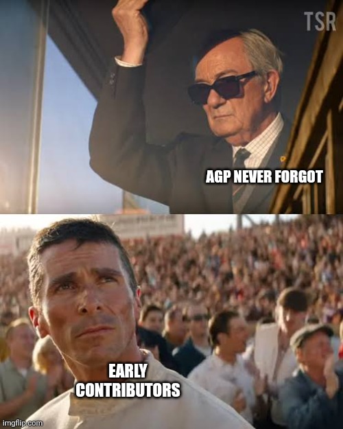 Ford vs ferrari | AGP NEVER FORGOT; EARLY CONTRIBUTORS | image tagged in ford vs ferrari | made w/ Imgflip meme maker