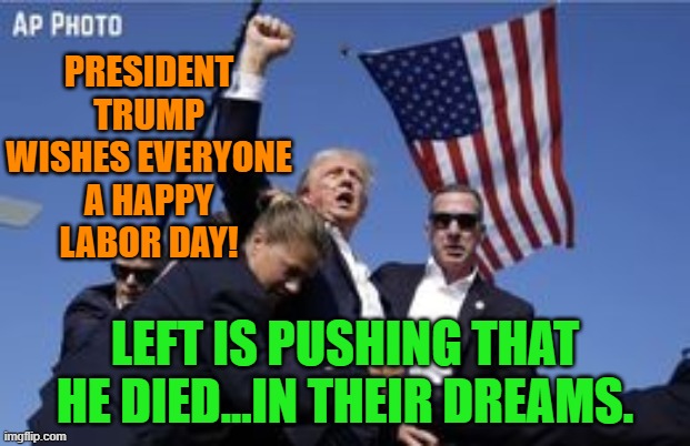 You missed! | PRESIDENT TRUMP WISHES EVERYONE A HAPPY LABOR DAY! LEFT IS PUSHING THAT HE DIED...IN THEIR DREAMS. | image tagged in you missed | made w/ Imgflip meme maker