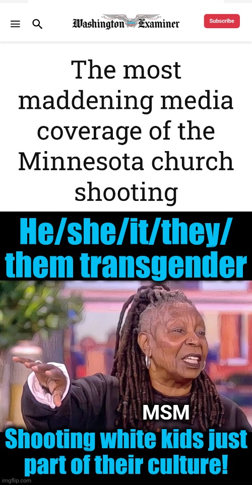 Core MSM | He/she/it/they/
them transgender; MSM; Shooting white kids just
part of their culture! | image tagged in memes,minnesota,school shooting,mainstream media,democrats,transgender | made w/ Imgflip meme maker
