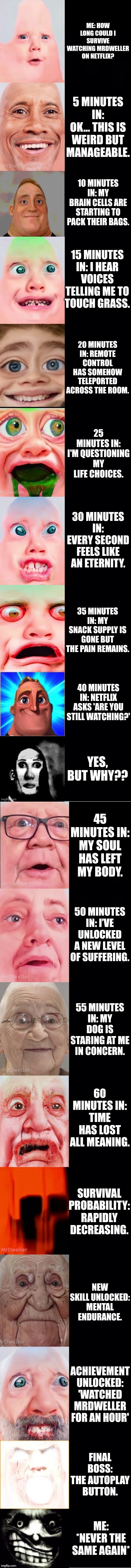 Mr incredible becoming vomit (How long to survive watch MrDweller on Netflix) | ME: HOW LONG COULD I SURVIVE WATCHING MRDWELLER ON NETFLIX? 5 MINUTES IN: OK… THIS IS WEIRD BUT MANAGEABLE. 10 MINUTES IN: MY BRAIN CELLS ARE STARTING TO PACK THEIR BAGS. 15 MINUTES IN: I HEAR VOICES TELLING ME TO TOUCH GRASS. 20 MINUTES IN: REMOTE CONTROL HAS SOMEHOW TELEPORTED ACROSS THE ROOM. 25 MINUTES IN: I'M QUESTIONING MY LIFE CHOICES. 30 MINUTES IN: EVERY SECOND FEELS LIKE AN ETERNITY. 35 MINUTES IN: MY SNACK SUPPLY IS GONE BUT THE PAIN REMAINS. 40 MINUTES IN: NETFLIX ASKS 'ARE YOU STILL WATCHING?'; YES, BUT WHY?? 45 MINUTES IN: MY SOUL HAS LEFT MY BODY. 50 MINUTES IN: I’VE UNLOCKED A NEW LEVEL OF SUFFERING. 55 MINUTES IN: MY DOG IS STARING AT ME IN CONCERN. 60 MINUTES IN: TIME HAS LOST ALL MEANING. SURVIVAL PROBABILITY: RAPIDLY DECREASING. NEW SKILL UNLOCKED: MENTAL ENDURANCE. ACHIEVEMENT UNLOCKED: 'WATCHED MRDWELLER FOR AN HOUR'; FINAL BOSS: THE AUTOPLAY BUTTON. ME: *NEVER THE SAME AGAIN* | image tagged in mrlucky template | made w/ Imgflip meme maker