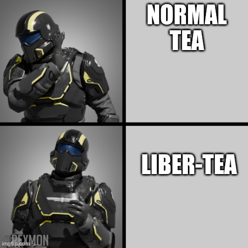 helldivers judging tea | NORMAL TEA; LIBER-TEA | image tagged in helldivers drake | made w/ Imgflip meme maker