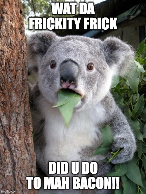 Ha Ha! | WAT DA FRICKITY FRICK; DID U DO TO MAH BACON!! | image tagged in memes,surprised koala,funny,epic | made w/ Imgflip meme maker