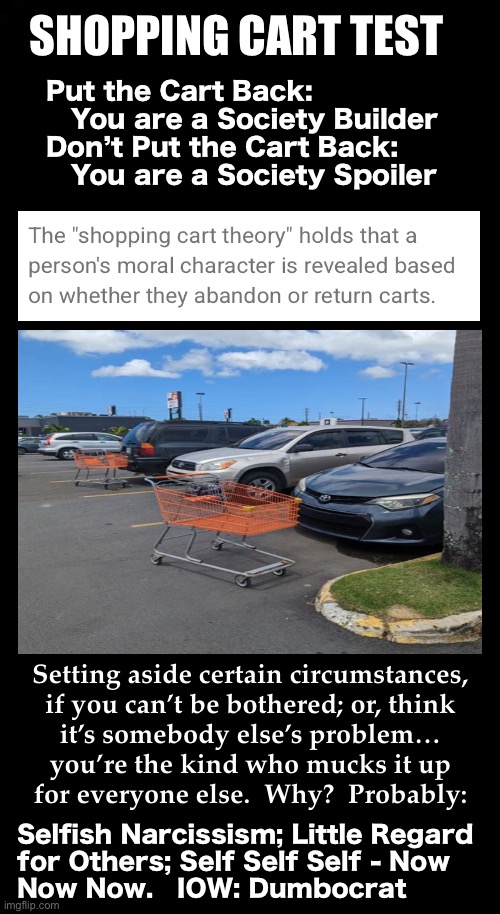 We’re living in a SOCIETY, HERE!  george castanza | SHOPPING CART TEST; Put the Cart Back:
   You are a Society Builder
Don’t Put the Cart Back:
   You are a Society Spoiler; Setting aside certain circumstances,
if you can’t be bothered; or, think
it’s somebody else’s problem…
you’re the kind who mucks it up
for everyone else.  Why?  Probably:; Selfish Narcissism; Little Regard
for Others; Self Self Self - Now
Now Now.   IOW: Dumbocrat | image tagged in memes,its your world n we r just part of it,me me me,or are u considerate,help the process,dont be the butthead | made w/ Imgflip meme maker