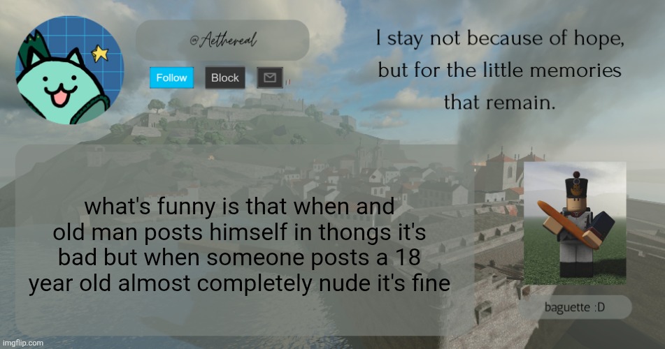 hello | what's funny is that when and old man posts himself in thongs it's bad but when someone posts a 18 year old almost completely nude it's fine | image tagged in hello | made w/ Imgflip meme maker