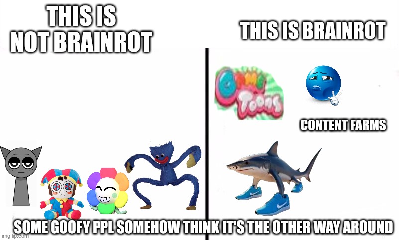 Get it right, people | THIS IS BRAINROT; THIS IS NOT BRAINROT; CONTENT FARMS; SOME GOOFY PPL SOMEHOW THINK IT'S THE OTHER WAY AROUND | image tagged in divided we stand united we fall | made w/ Imgflip meme maker