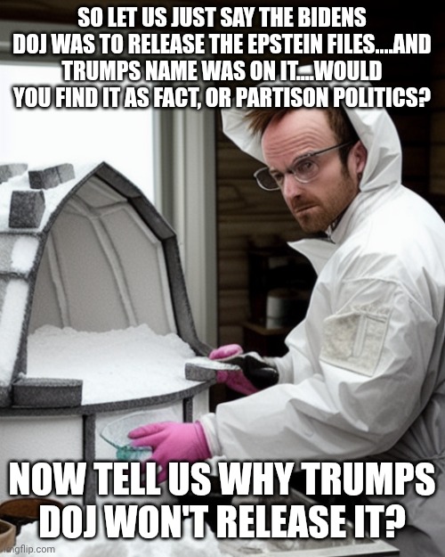 And now qhays the deal with | SO LET US JUST SAY THE BIDENS DOJ WAS TO RELEASE THE EPSTEIN FILES....AND TRUMPS NAME WAS ON IT....WOULD YOU FIND IT AS FACT, OR PARTISON POLITICS? NOW TELL US WHY TRUMPS DOJ WON'T RELEASE IT? | made w/ Imgflip meme maker