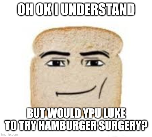 man face bread | OH OK I UNDERSTAND; BUT WOULD YPU LUKE TO TRY HAMBURGER SURGERY? | image tagged in man face bread | made w/ Imgflip meme maker