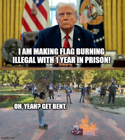 I AM MAKING FLAG BURNING ILLEGAL WITH 1 YEAR IN PRISON! OH, YEAH? GET BENT. | image tagged in trump at desk | made w/ Imgflip meme maker