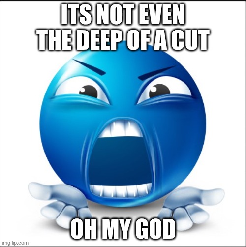 no context | ITS NOT EVEN THE DEEP OF A CUT; OH MY GOD | image tagged in angry blue guy | made w/ Imgflip meme maker