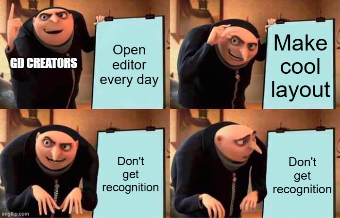 Gru's Plan Meme | Open editor every day; Make cool layout; GD CREATORS; Don't get recognition; Don't get recognition | image tagged in memes,gru's plan | made w/ Imgflip meme maker